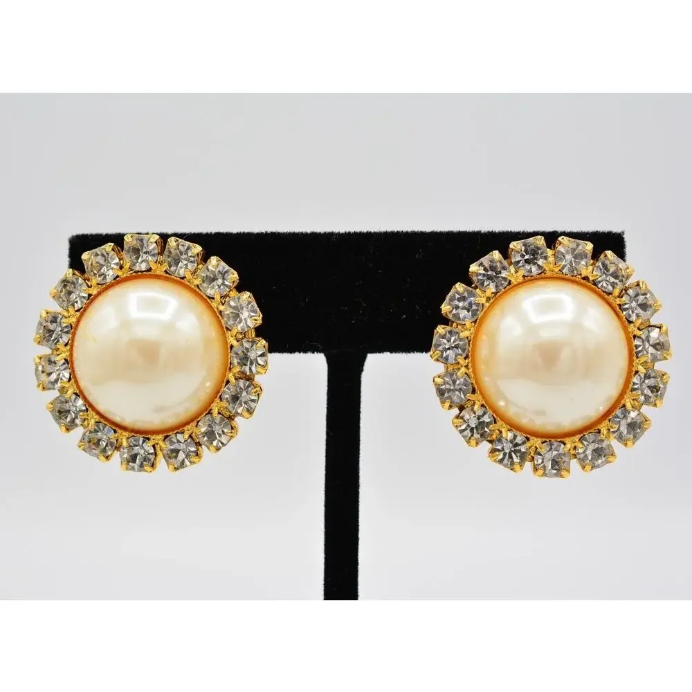Vintage Clip On Earrings Rhinestone Crystal Pearl Gold Chunky Shiny 1980s BinAA